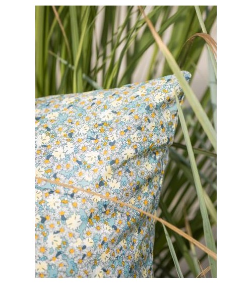 Housse de coussin turquoise à fleurs blanches et jaunes