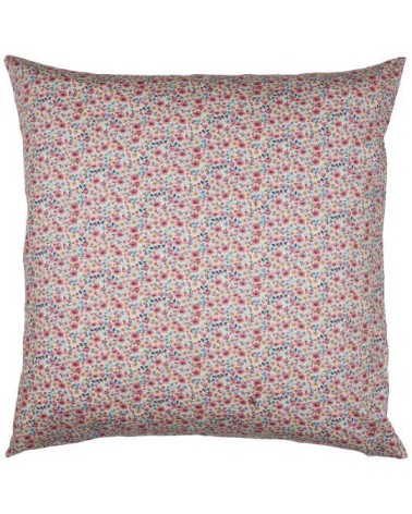 Housse de coussin fleurs rose clair et beige, feuilles bleues