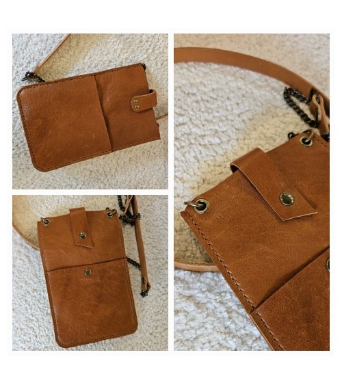 Pochette télèphone 2 poches Laniere cuir et chaine